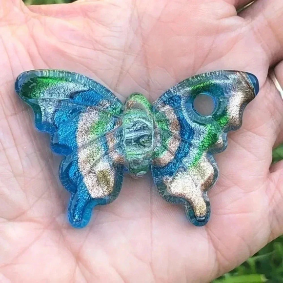 Gorgeous Aqua Blue & Gold Murano Glass Butterfly Necklace Pendant NWT - Picture 1 of 4